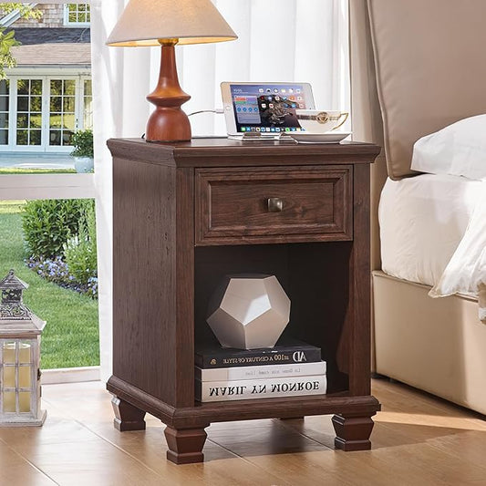 Farmhouse End Tables Living Room with Drawer, Rustic Wood Nightstand with Charging Station, Brown Bedside Table with Open Shelf for Bed Room, Living Room, Walnut