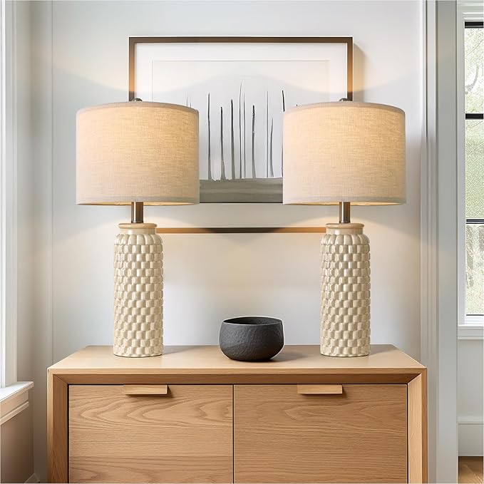 24" Modern Ceramic Bedside Lamp Set of 2 for Bedroom Decor Farmhouse Table Lamp for Living Room Office Dorm