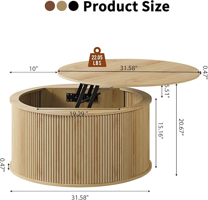 Lift Top Coffee Table, Fluted Round Coffee Table with Storage, Farmhouse Center Dining Table Circle Table for Living Room, Apartment, Home Office (Natural)