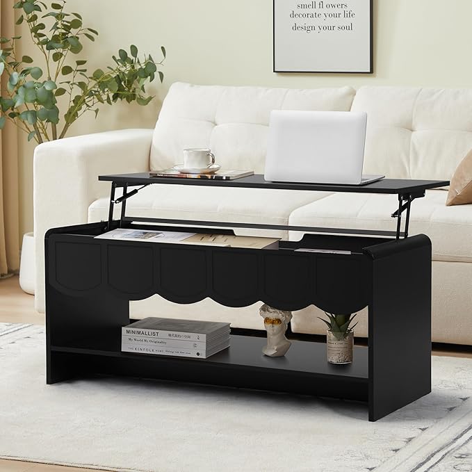 Lift Top Coffee Table with Hidden Compartment, 2 Tier Wooden Center Table with Wave Panel, Modern Lift Tabletop for Home Living Room Office, Black