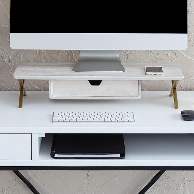 Anji Mountain Monitor Stand - Desktop Organizer & Laptop Riser, Ergonomic Monitor Riser, Space-Saving Monitor Stand for Desk, Durable Construction, Easy Assembly, Ideal for Home & Office,White Wash