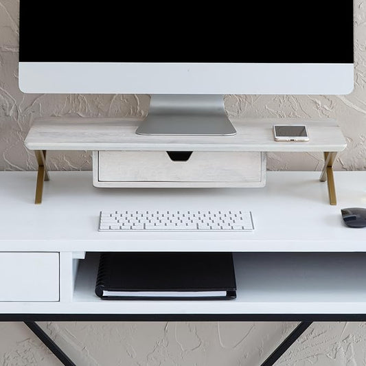 Anji Mountain Monitor Stand - Desktop Organizer & Laptop Riser, Ergonomic Monitor Riser, Space-Saving Monitor Stand for Desk, Durable Construction, Easy Assembly, Ideal for Home & Office,White Wash