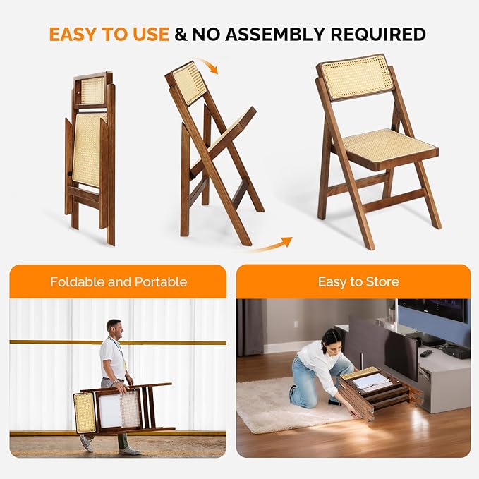 VINGLI 2 Pack Rattan Wooden Folding Chair, Dining Folding Chair with 360° Swivel Backrest, Sturdy Rubberwood Frame and Rattan Woven Seat and Back, Walnut, Set of 2