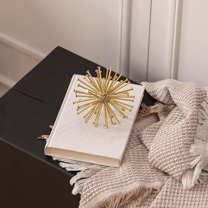 4.5” Metal Spike Sphere Tabletop Decor, Gold Geometric Decorative Ball, Abstract Sculpture Table Decorations for Home, Art Decor Orb for Living Room Bedroom Office