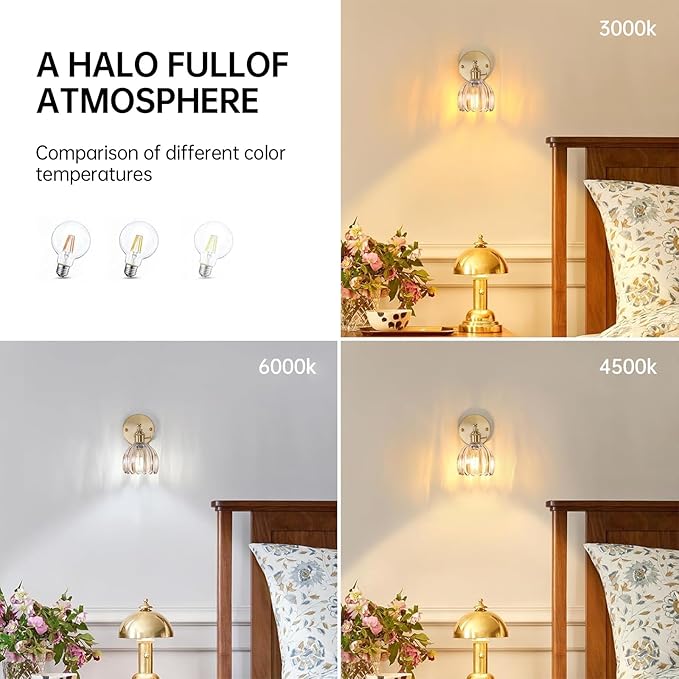 Vintage Wall Sconces with Cute Amber Tulip Glass Lampshade 180 Degree Adjustable Brass Sconces Hradwired Modern Wall Lighting Fixture with Switch for Bedside Bedroom Doorway