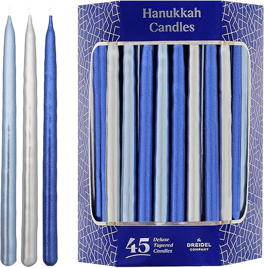 The Dreidel Company Metallic Hanukkah Candles Frosted Premium Tapered Hand Decorated Chanuka Candles (Metallic Blue & Silver)