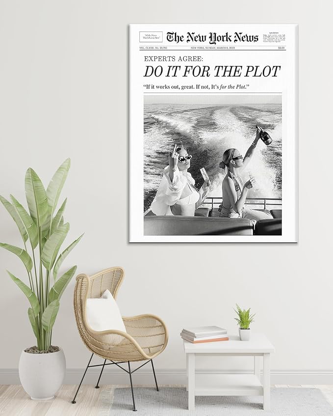 Aesthetic Trendy Newspaper Wall Art 20x24 Vintage Do It For The Plot Magazine Canvas Prints Decor Waterproof Funny Retro Black and White Wall Art for Apartment Bathroom Bedroom Decor Ready To Hang