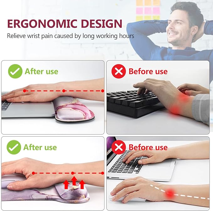 AIMSA Ergonomic Keyboard Wrist Rest and Mouse Pad with Wrist Support Set, Memory Foam Non-Slip Rubber Base, for Home, Office, Easy Typing, Pain Relief, Pink Purple Marble