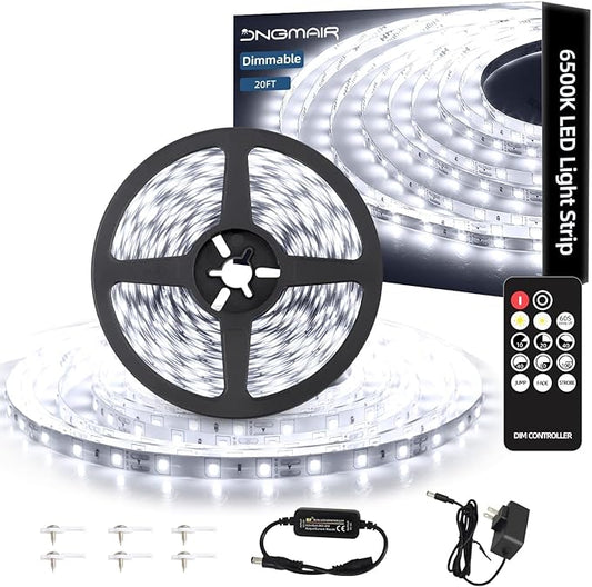 20ft LED Strip Lights with Remote, 6500K Daylight White Dimmable Tape Lights, 12V 360 LEDs 2835 Strong Adhesive Rope Lights for Cabinet Kitchen Ceiling Closet Vanity Mirror Stairway Basement