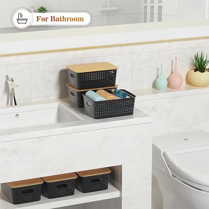 Plastic Storage Baskets With Bamboo Lid - Plastic Storage Containers Stackable Storage bins: Storage Baskets for Organizing Shelves Drawers Desktop Closet Playroom Classroom Office, 6 Pack