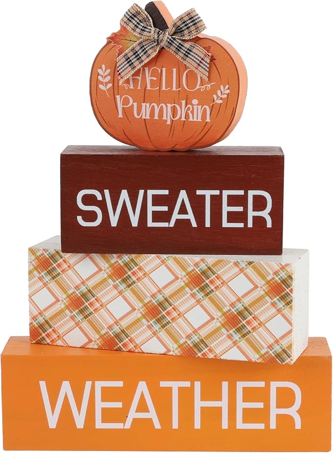 4 Pcs Pumpkin Fall Decor Fall Tiered Tray Decor Autumn Wooden Sign Hello fall Table Decoration Rustic Block Signs Centerpieces Wood Farmhouse Vintage Ornaments Gift for Thanksgiving Home Kitchen