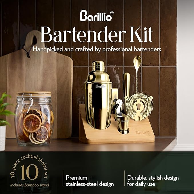 Barillio Gold Bartender Kit - Stainless-Steel Cocktail Shaker Set w/Bamboo Stand - Mixology Bar Tools w/Shaker, Drink Mixer Spoon & Muddler for Cocktails - Home Bar Accessories - 10-Pc Bar Set