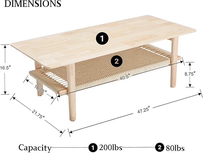 Farmhouse Coffee Table for Living Room 2-Tier Coffee Table with Natural Rattan Storage Shelf Large Rectangular Center Table for Living Room Reception, Natural Color