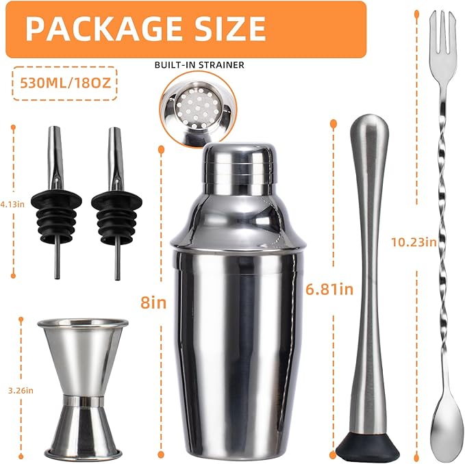 6 Piece 18oz Professional Cocktail Shaker Set with Built-in Strainer,Martini and Margarita Shaker for Home Bar, Boston Bartending Kit Gift for Beginners (530ml/18oz)