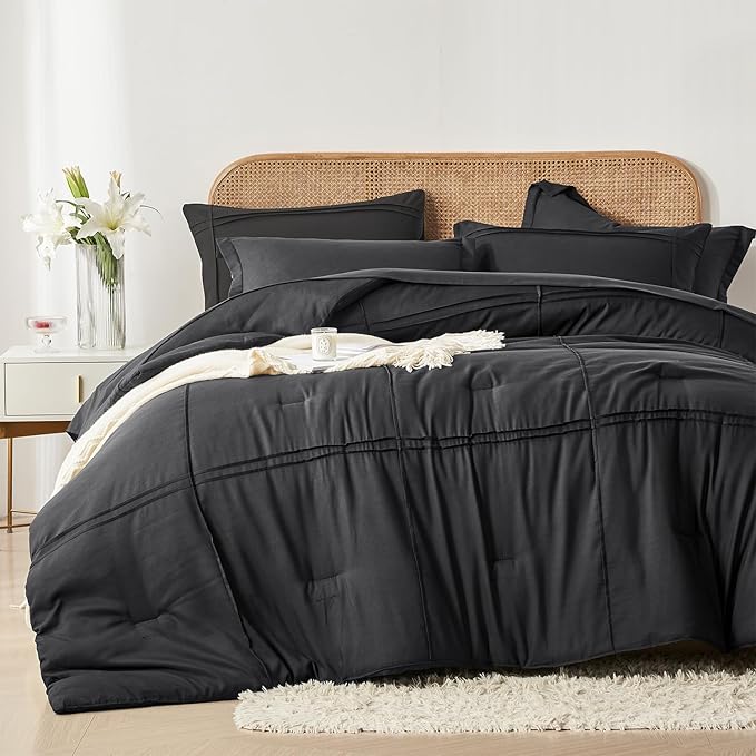 Yogeneg Full Size Comforter Set 7 Piece Bed in a Bag,Grid Pinch Pleat Black Bedding Set,Striped Textured Soft Microfiber Comforter with Sheet Set,All Season Complete Bed Set(Black,Full)