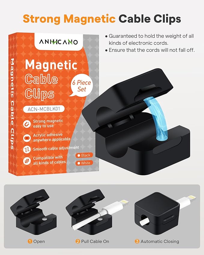 6 Pack Magnetic Cable Clips+2 Sheets (20 Lables) Cute Self-Adhesive Sticker Lables, 11.5mm Ultra Slim Smooth Adjustable Cord Organizer, Under Desk Cable Management for Home/Office/Kitchen/Nightstand