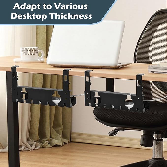 Under Desk Cable Management Tray 2 Pack Black, No Drill Cord Organizer with Clamp for Wire Management, Home & Office Accessories