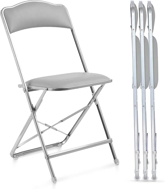 Folding Chairs with Padded Seats 4 Pack - Foldable Chair with Heavy-Duty Steel Frame, Elegant Party Bridge Chairs for Outside, Home, Office, Indoor & Outdoor Events - Silver/Grey