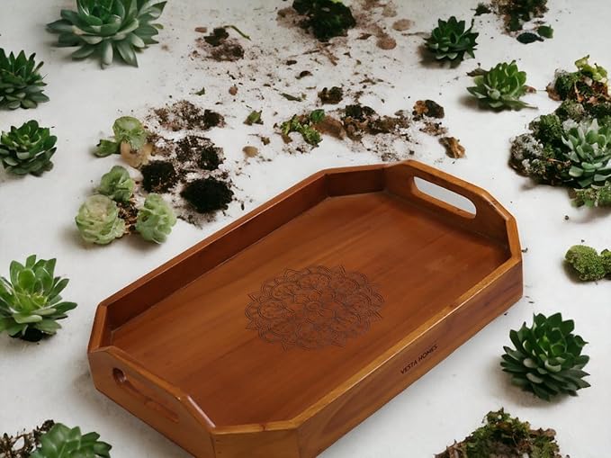 Vesta Homes Extra Large Wooden Serving Tray for Home, Kitchen, Breakfast, Restaurant, Office Organizer, Dining Table | Premium Acacia Wood |18 * 12 * 3 Inches | Handcrafted in India