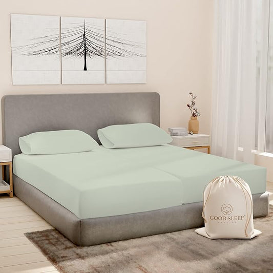 Good Sleep Bedding Split King Sheets Set - 100% Cotton, 1000 TC Egyptian Cotton, 5 Piece Set, 2 Fitted - 16" Deep Pocket, Sateen, Sage