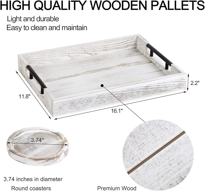 Wooden Serving Ottoman Tray With 4 Coasters, Breakfast Tray With Handles, Home Decor for Living Room, Coffee Table