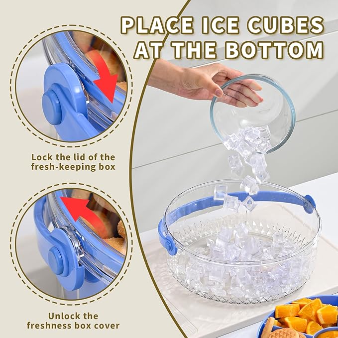 Divided Chilled Serving Tray for Parties,Ice Chilled Party Platter,Ice Serving Bowl with Lid and Handle,Charcuterie Serving Board,Cold Dish Dip for Fruit Seafood Vegetable Shrimp Cocktail Appetizer...