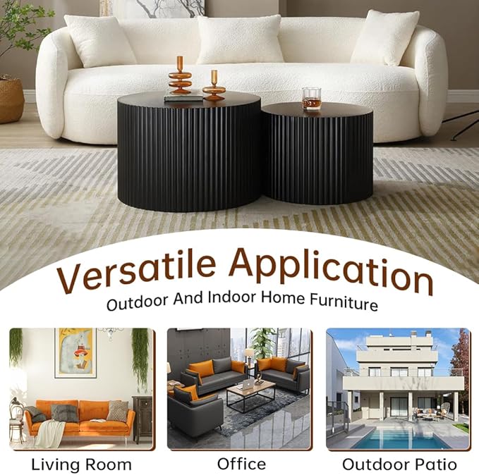 Black Nesting Coffee Table Set of 2 Modern Round Fluted Coffee Table Small Round End Table Side Table Circular Coffee Tables Circle Nested Coffee Tables for Living Room (Black Large)