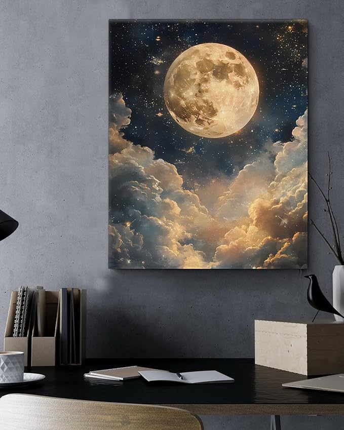 Aesthetic Celestial Moon Wall Art Decor Night Sky Moon Dark Academia Canvas Print Poster Framed Picture Painting for Home Living Room Bedroom Wall Decor 8x10 Inch