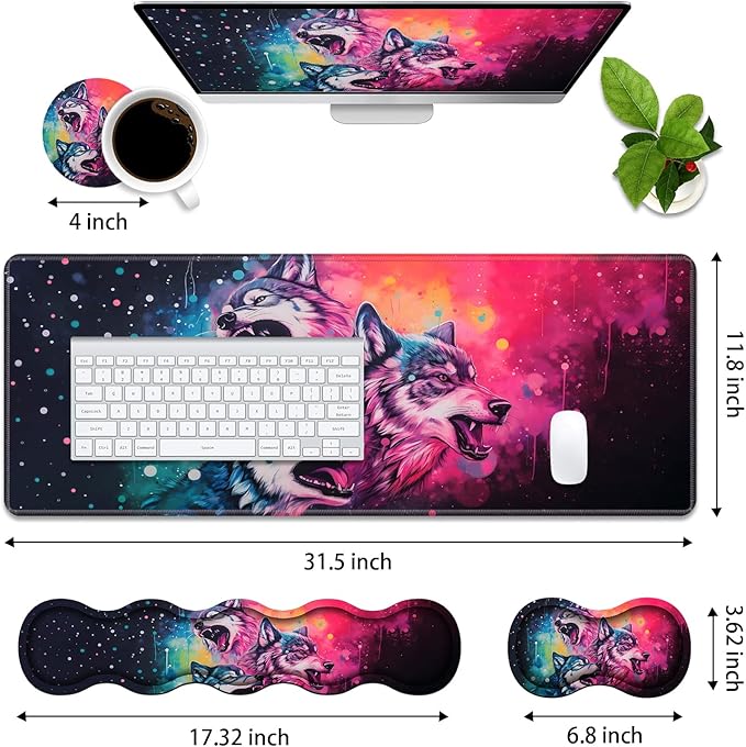 4 in 1 Ergonomic Memory Foam Mouse Pad Wrist Rest Set, Large XXL Gaming Desk Pad + Keyboard Wrist Rest + Mouse Wrist Cushion + Coaster for Home Office Study Gaming, Watercolor Art Wolf Howling
