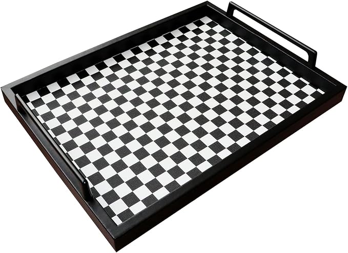 MCBZ Living Room Coffee Table Decorative Tray, Food Service Tray, Leather Ottoman Tray,with Metal Handles 16.5 x 12.6 in (Black and White Grid)
