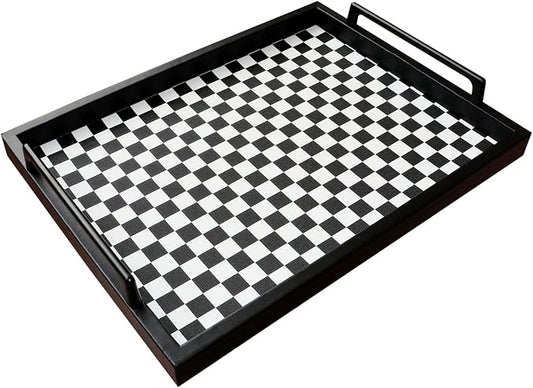 MCBZ Living Room Coffee Table Decorative Tray, Food Service Tray, Leather Ottoman Tray,with Metal Handles 16.5 x 12.6 in (Black and White Grid)