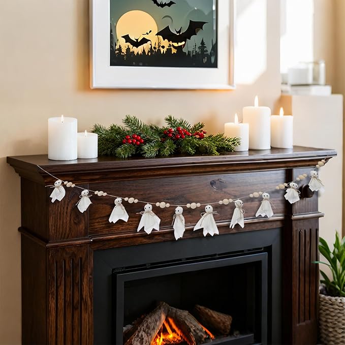 7Ft Halloween Decor Ghost Garland with Wooden Beads - Adjustable Hanging Cute Vintage Banner for Indoor Outdoor Wall Home Fireplace Mantel Spooky Party Decorations