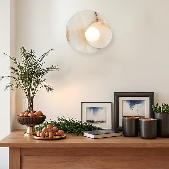 Organic Cream Onyx Wall Sconce, Natural 6 Inch Diam Wall Mounted Lamps, Hand-Polished Vanity Light, Wall Light for Hallway, Kitchen, Bedroom, Living Room