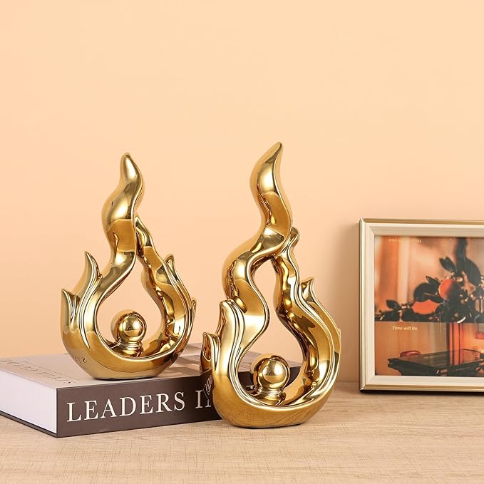 2 Pcs Gold Ceramic Sculptures for Home Decor, Modern Abstract Art Statues, Centerpieces for Dining Room Table, Living Room, Shelf, Mantel, Coffee Table, Entryway Accent Decorations