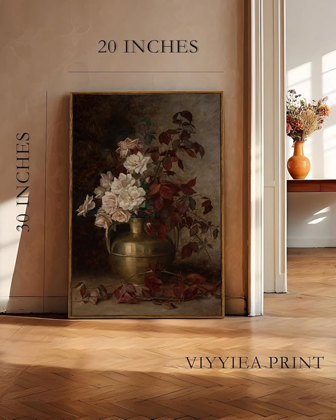 VIYYIEA Vintage Floral Large Framed Wall Art, Rose Bouquet Flower Paintings Decor Aesthetic, 20x30 Inch Canvas Print Artwork, Still Life Retro Wall Pictures for Bedroom Living Room