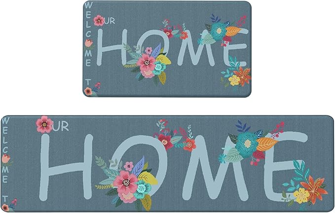 GENIMO Anti Fatigue Kitchen Mats for Floor, Non Slip Washable Home Theme Rugs Sets of 2, Farmhouse Cushioned Waterproof Comfort Runner Rug for Kitchen, Sink, Desk, Laundry, 17"x 59"+17"x 30", Blue
