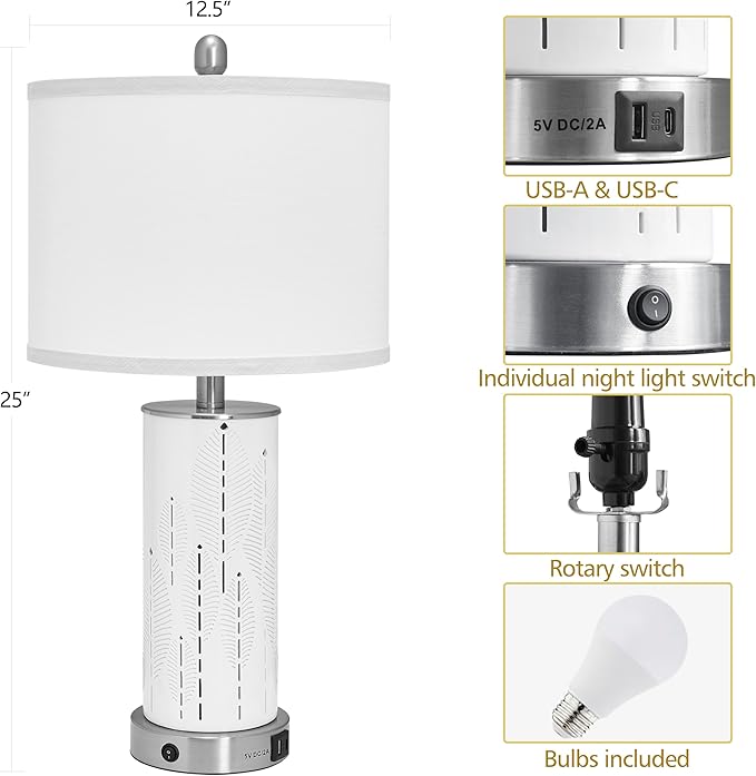 Ceramic Engraved Translucent Light Decorative 25" Table Lamps Set of 2 with Nightlight,E26 Socket&Rotary Switch,USB A+C Ports,Modern Bedside Lamps for Nightstand,Bedroom(Bulbs Included)