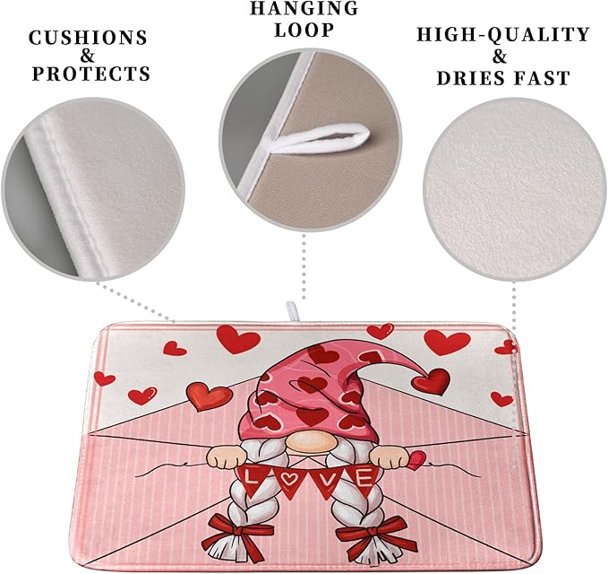 Valentine's Day Love Letter Dish Drying Mat for Kitchen Counter, Love Letter Gnome Absorbent Dish Pad Large Dish Drainer Mats for Countertop 16x18 Inch