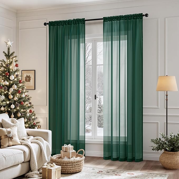 MIULEE 2 Panels Christmas Solid Color Sheer Window Curtains Elegant Window Voile Panels/Drapes/Treatment for Bedroom Living Room (54X72 Inches Hunter Green)