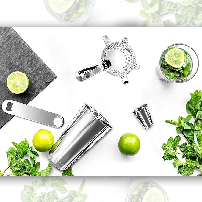 NutriChef Mixology Bartender Cocktail Shaker Set - Includes 15 & 30 oz Stainless Steel Shakers, 6 Bottle Pourers & More - Essential Martini Making Kit - Drink Mixing Set - 15 Piece Cocktail Bar Set