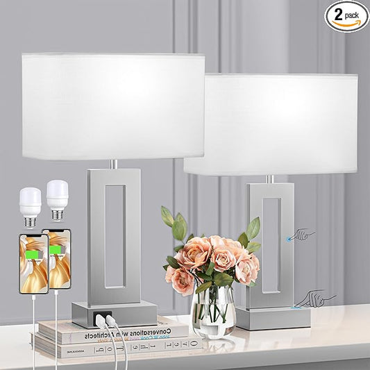Bedroom Table Lamps Set of 2 - White Silver Touch Bedside Lamps with USB C+A, 3 Way Dimmable Gold Lamp for Nightstand, Modern Night Stands Lamps for Living Room End Tables