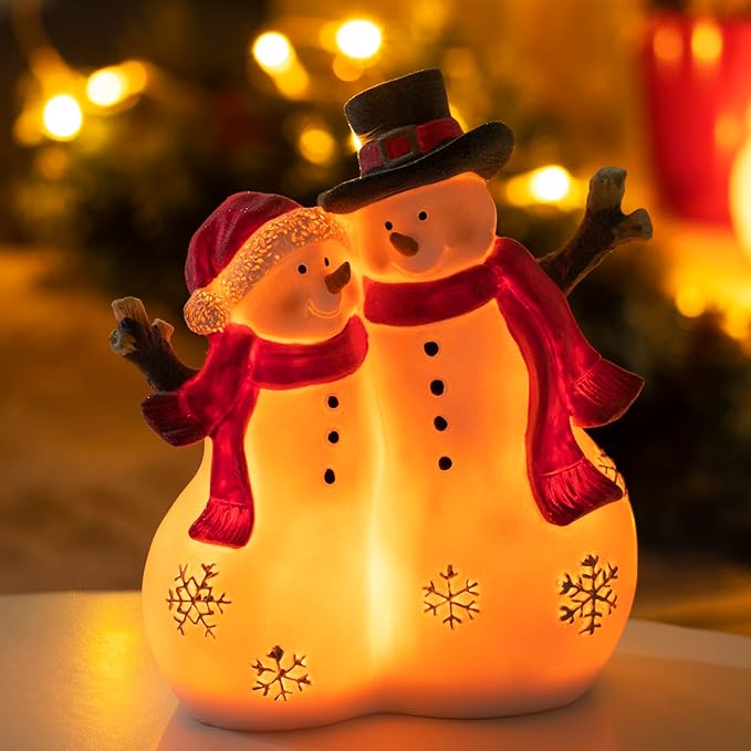 Christmas Decor Snowman Figurines Resin Lighted Indoor Ornaments Holiday Tree Festive Decorations Light Up New Year Gift Decoration for Table (Snowman Couple)