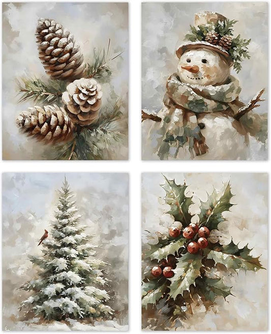 TLESKE Vintage Winter Christmas Posters Prints Unframed Set of 4, Pine Cones Snowman Cardinal Wall Art Prints Decor for Living Room Bedroom, Rustic Pine Tree Holly Berries Wall Pictures, 8x10 Inches