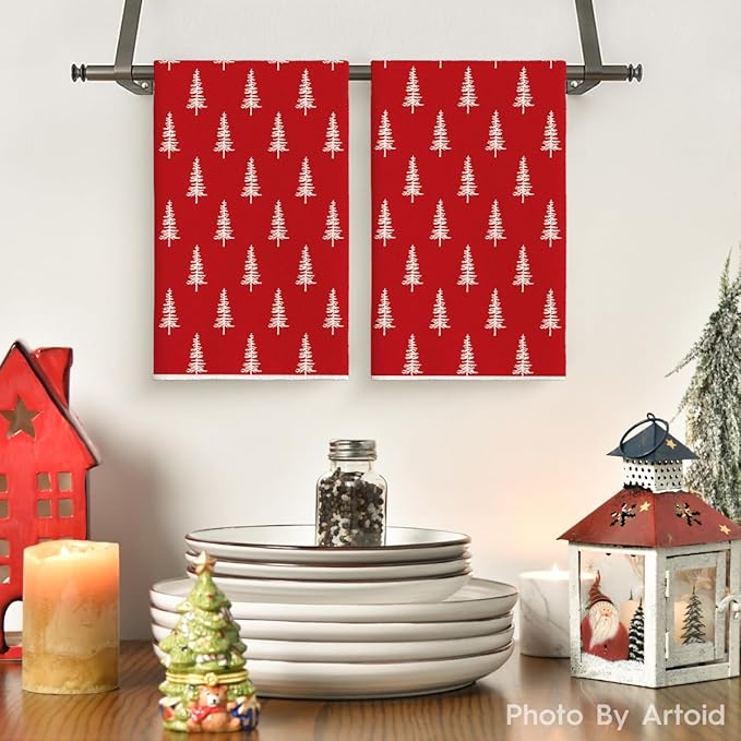 Artoid Mode Red Xmas Tree Christmas Kitchen Towels Dish Towels, 18x26 Inch Farmhouse Holiday Winter Decoration Cleaning Set of 2
