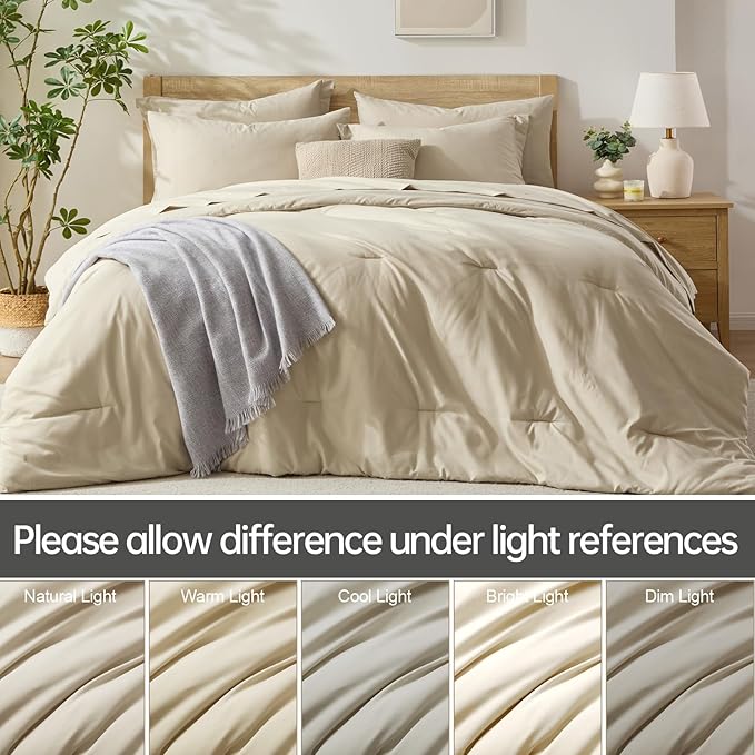 Homelike Moment King Size Comforter Set 7 Piece, Beige Bed in a Bag King Size Bed Set Lightweight and Machine Washable