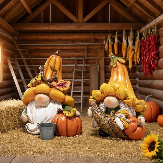 Hodao Fall Decorations for Home, 2 Pcs Thanksgiving Gnome Figurines Resin Autumn Pumpkin Gnomes Statues, Cute Fall Thanksgiving Decor for Home Table Shelf, Perfect Fall Gift for Family Friends