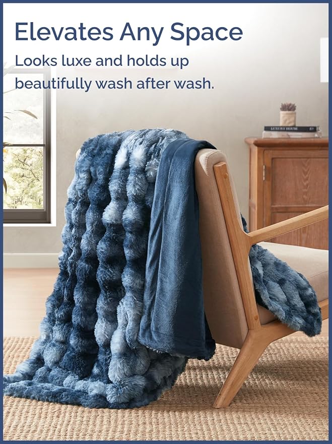 Fluffy Blanket Throw Size - Faux Fur Throw for Couch or Bed - Plush Soft Extra Thick Faux Fur Rabbit Blanket - Comfy, Fuzzy, Warm & Breathable - Luxury Minky Tie Dye Bedding - 50" x 60", Marble Blue