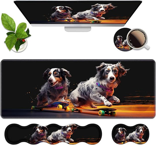 4 in 1 Ergonomic Memory Foam Mouse Pad Wrist Rest Set, Large XXL Gaming Desk Pad + Keyboard Wrist Rest + Mouse Wrist Cushion + Coaster for Home Office Study Gaming, Cute Dog Playing Scooter