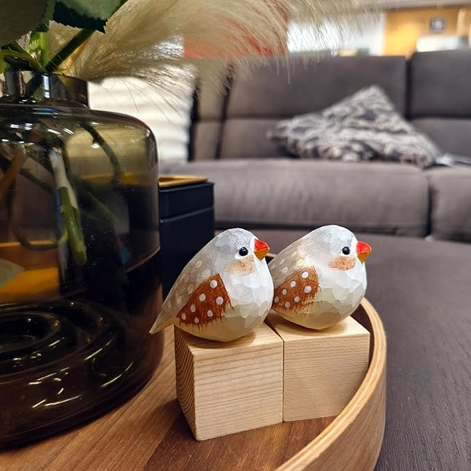Handmade Wooden Carved Bird Decor Sculpted Hand-Painted Bird Figurines Small Home Decor Bird Statue Shelf Decor BFF Gifts for Bird Lovers (Brown Zebra Finch)