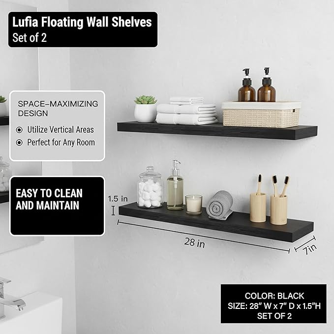 Lufia Floating Wall Shelves, Set of 2, MDF with Invisible Brackets, Modern Storage for Bedroom, Bathroom, Living Room, Kitchen (Black, 28" W X 7" D X 1.5" H)